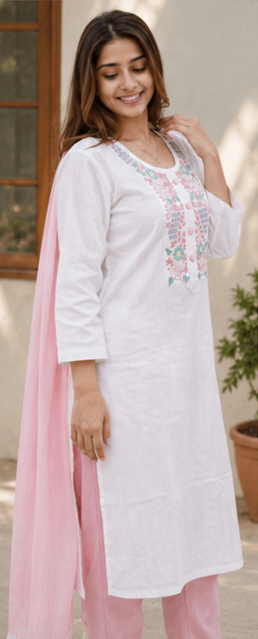 Women's Elegant Embroidered Khadi Cotton Kurta Pant Set with Dupatta