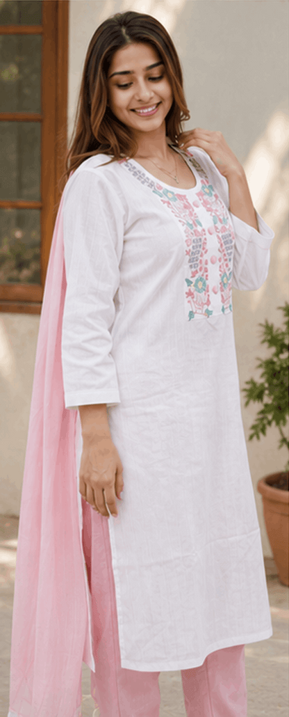 Women's Elegant Embroidered Khadi Cotton Kurta Pant Set with Dupatta