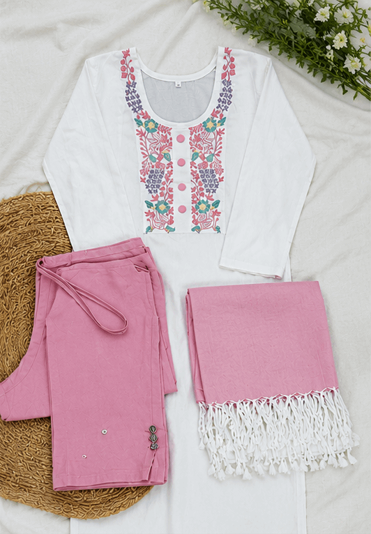 Women's Elegant Embroidered Khadi Cotton Kurta Pant Set with Dupatta