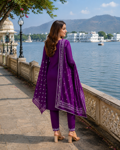 Fashion Mint Women's Embroidered Cotton Blend Kurta Pant &amp; Dupatta Set