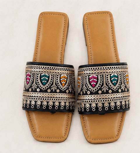 Midnight Embroidered Slide Flats