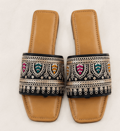 Midnight Embroidered Slide Flats