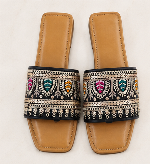 Midnight Embroidered Slide Flats