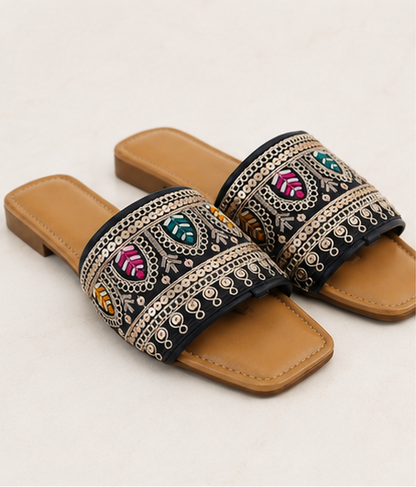 Midnight Embroidered Slide Flats
