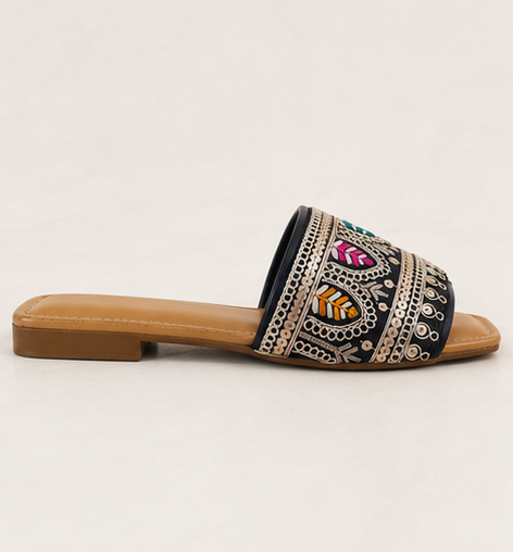 Midnight Embroidered Slide Flats