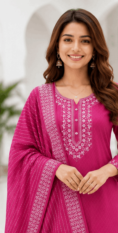 Sunainee Rani Pink embroidered cotton kurta pant and dupatta set for women