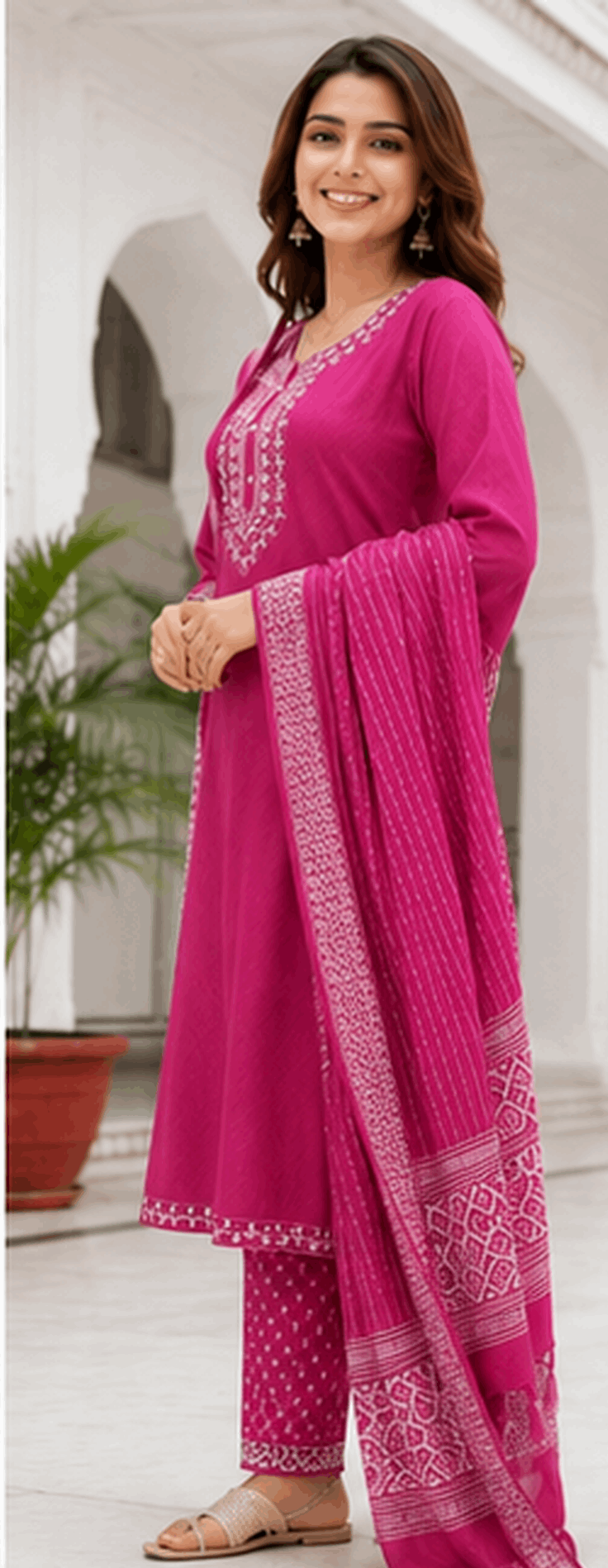 Women's premium cotton embroidered ethnic suit set in Rani Pink