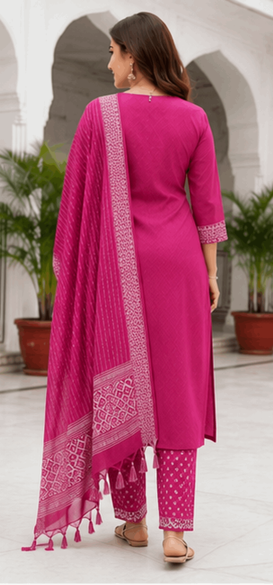 Back view of embroidered cotton kurta pant dupatta set