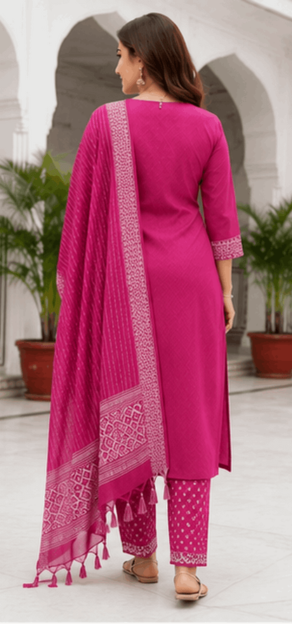 Back view of embroidered cotton kurta pant dupatta set