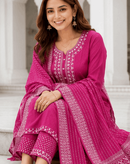 Close-up embroidery detail of Rani Pink cotton kurta