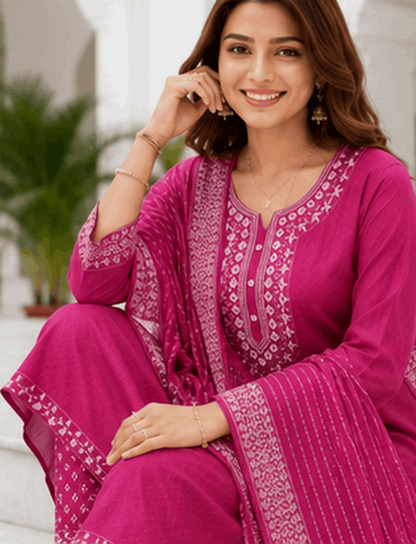 Rani Pink Embroidered Cotton Kurta Pant & Dupatta Set