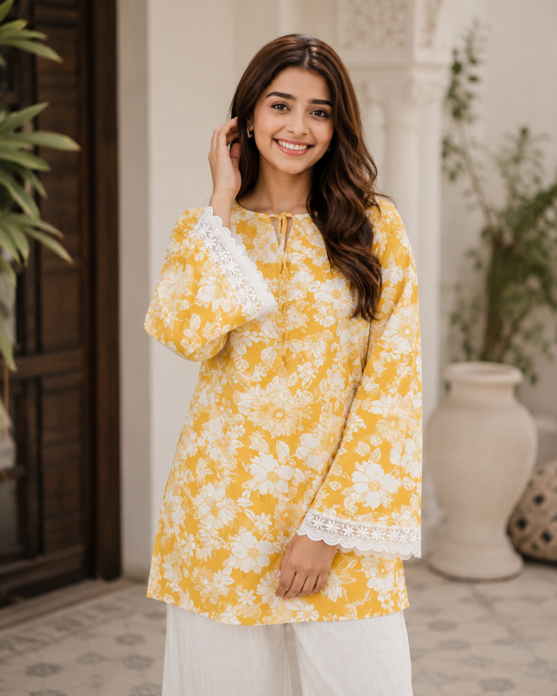Woman wearing a yellow floral top with white lace sleeves indoors.