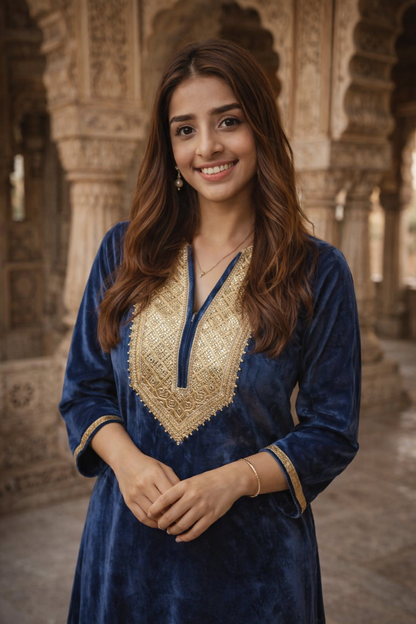 Premium Grey Velvet Kurta & Pant Set for Women | V-Neck Embroidered Winter Ethnic Wear