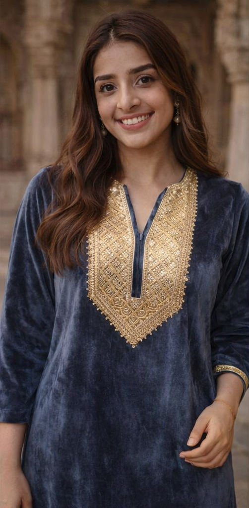 Premium Grey Velvet Kurta & Pant Set for Women | V-Neck Embroidered Winter Ethnic Wear