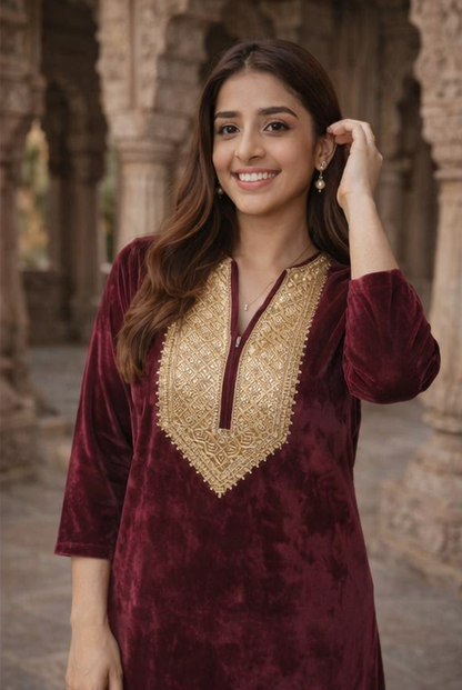 Premium Grey Velvet Kurta & Pant Set for Women | V-Neck Embroidered Winter Ethnic Wear