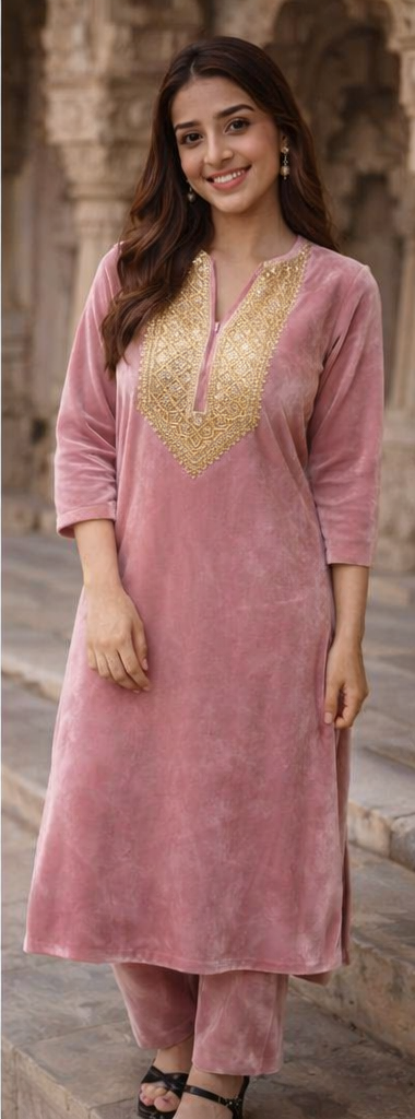Premium Grey Velvet Kurta & Pant Set for Women | V-Neck Embroidered Winter Ethnic Wear
