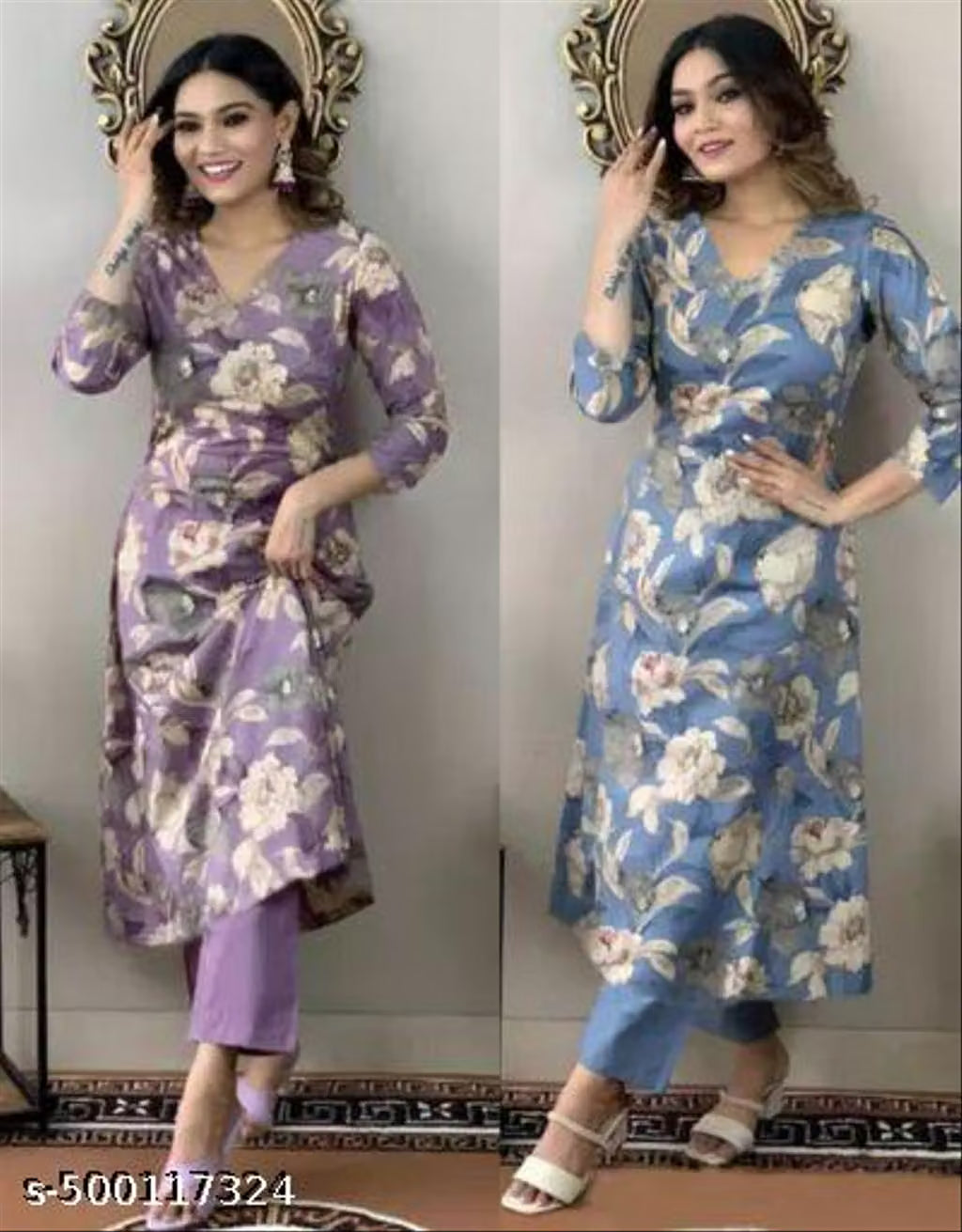 Women's Cotton Partywear Kurti with Pant Set (Pack of 2)