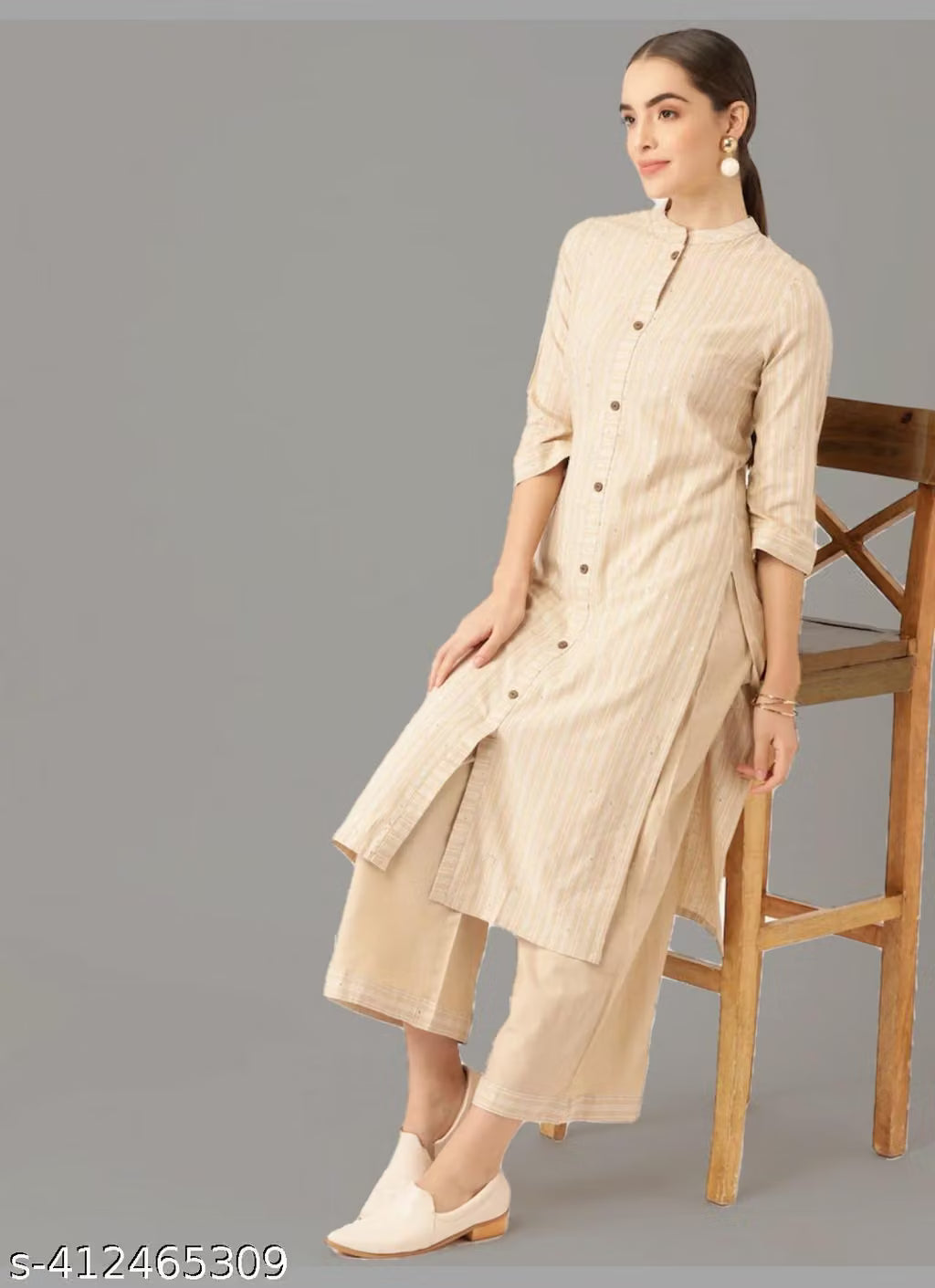 Sunainee Beige Cotton Striped Kurta Palazzo Set | Women's Ethnic Wear