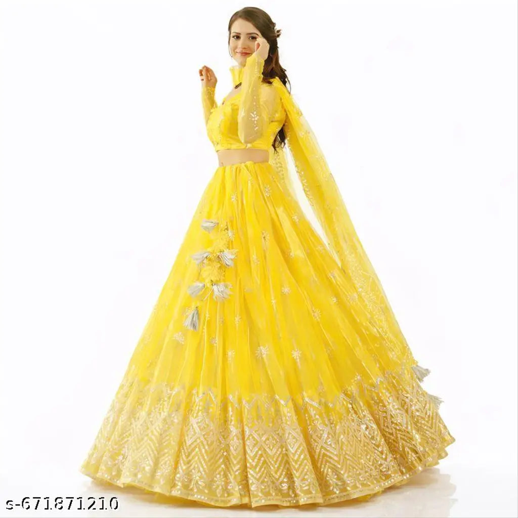 Embroidered Aari Work Lehenga Choli - Yellow