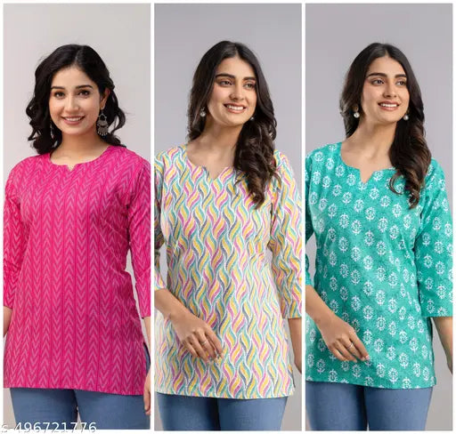 Women Cotton Blend Printed Short Kurtis Pack of 3