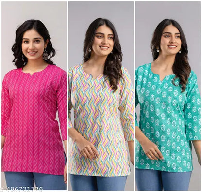 Women Cotton Blend Printed Short Kurtis Pack of 3