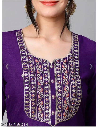 Violet Embroidered Cotton Kurta Set for Women – Trouser & Dupatta Included