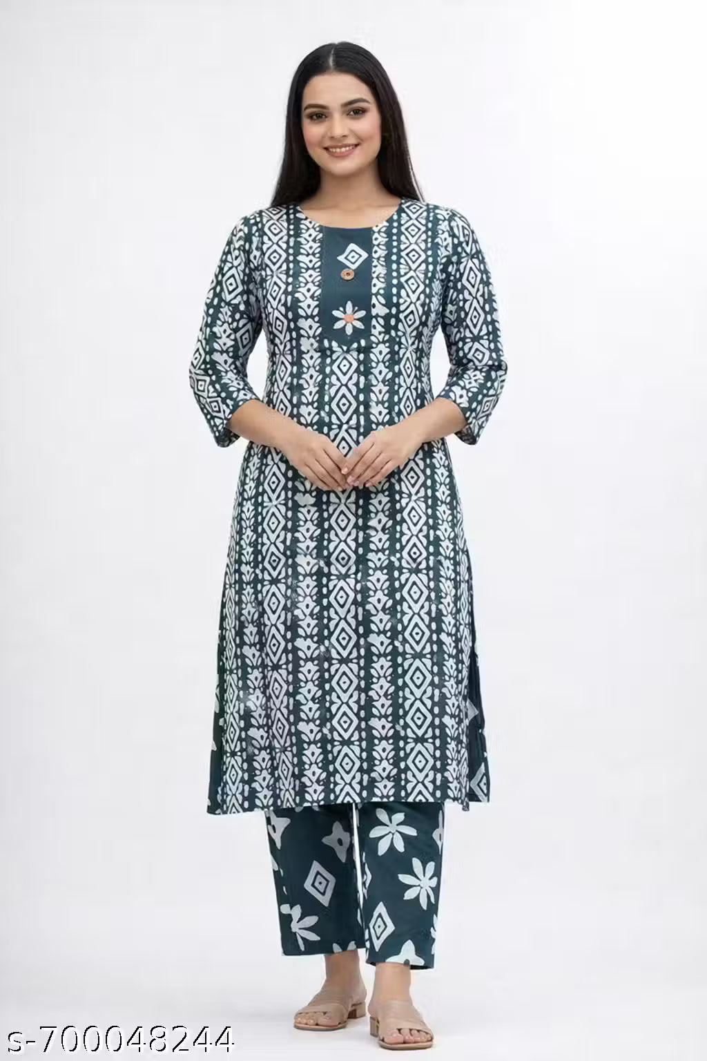 Women's Grey Cotton A-Line Kurta Pant Set with Dupatta