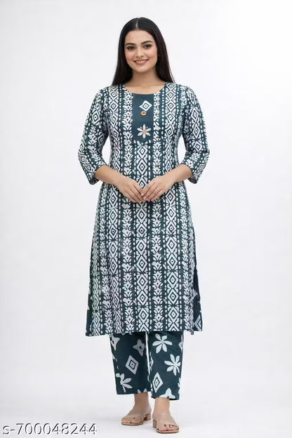 Women's Grey Cotton A-Line Kurta Pant Set with Dupatta