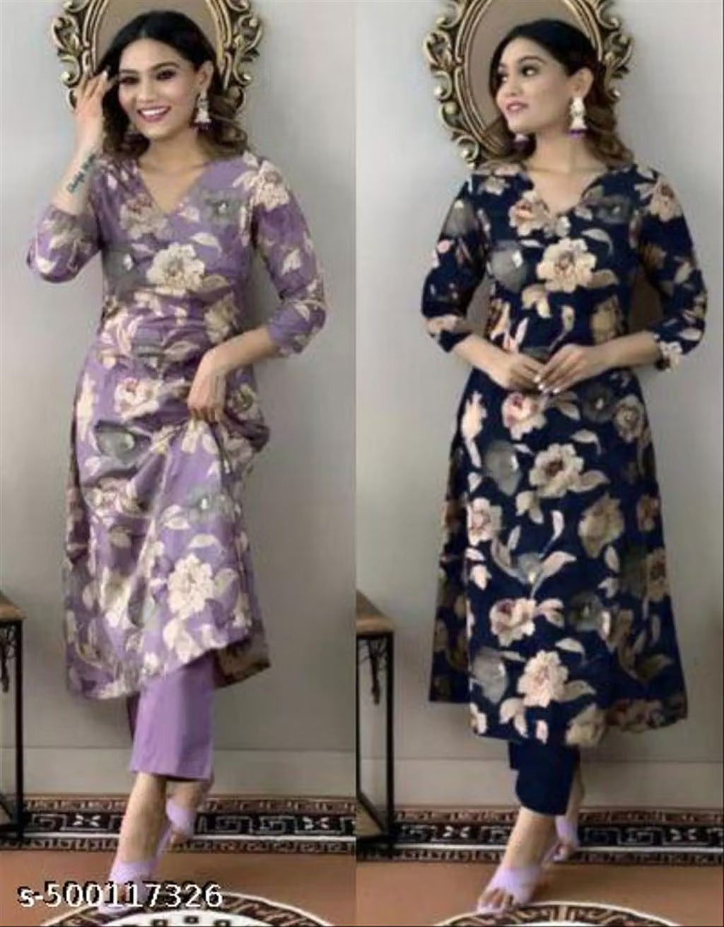 Women's Cotton Partywear Kurti with Pant Set (Pack of 2)