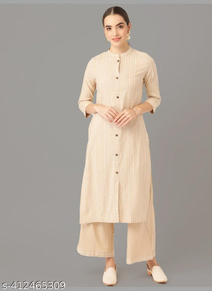 Sunainee Beige Cotton Striped Kurta Palazzo Set | Women's Ethnic Wear