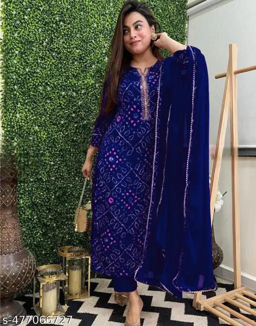 Blue Ethnic Floral Printed Kurta with Pants and Dupatta - front