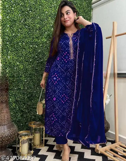 Blue Ethnic Floral Printed Kurta with Pants and Dupatta - front