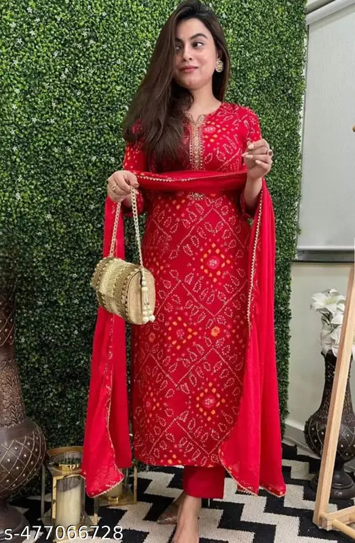 Red Ethnic Floral Printed Kurta with Pants and Dupatta - front