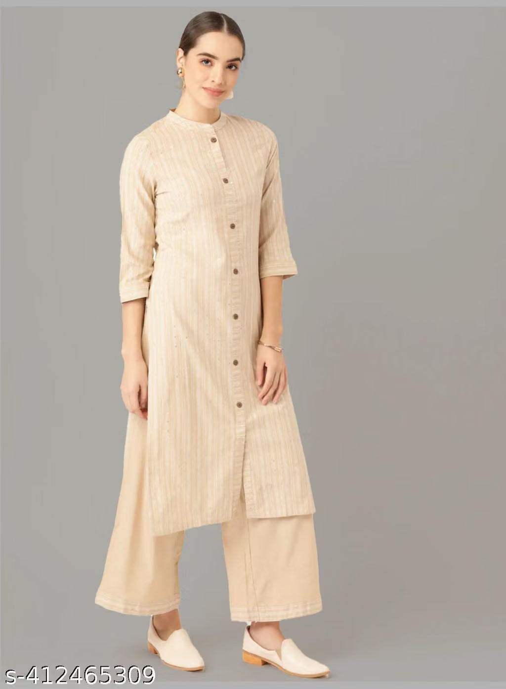 Sunainee Beige Cotton Striped Kurta Palazzo Set | Women's Ethnic Wear