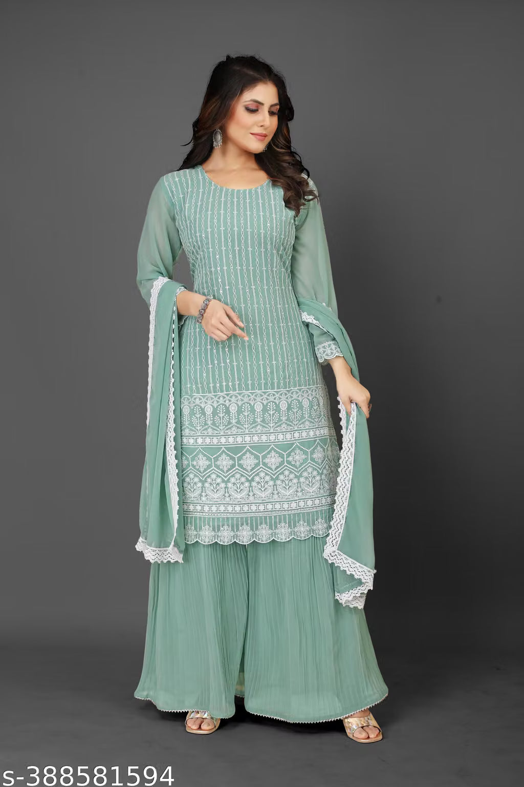 Embroidered Georgette Kurta Sharara Set with Dupatta | Bridal Wedding Guest 3-Piece