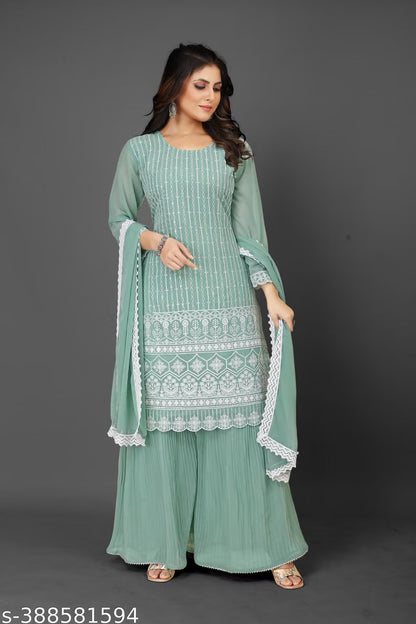 Embroidered Georgette Kurta Sharara Set with Dupatta | Bridal Wedding Guest 3-Piece