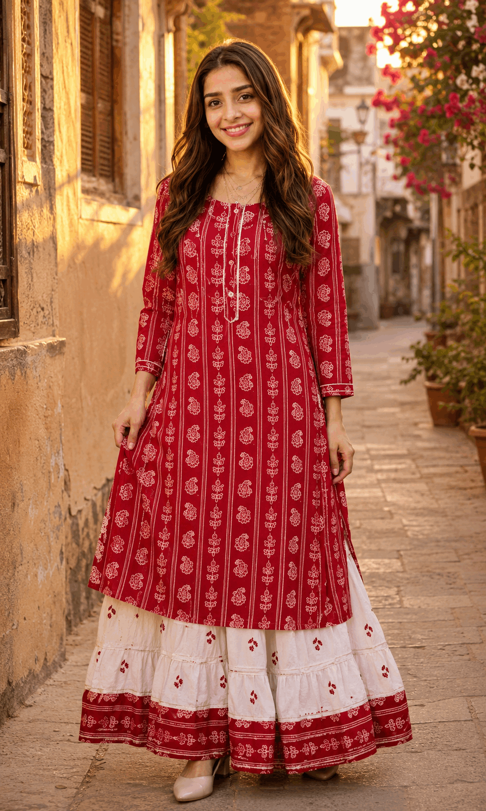 Rayon Printed Kurta with White Tiered Sharara Set for Women | Ethnic Kurti Set | Sunainee