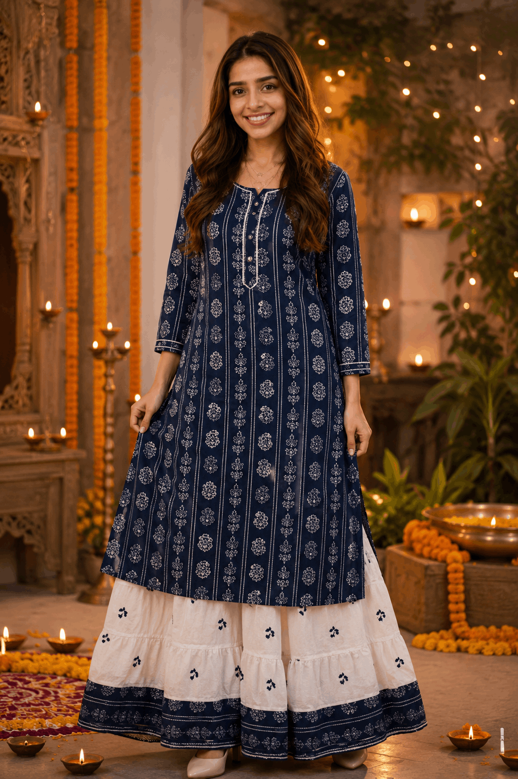 Rayon Printed Kurta with White Tiered Sharara Set for Women | Ethnic Kurti Set | Sunainee