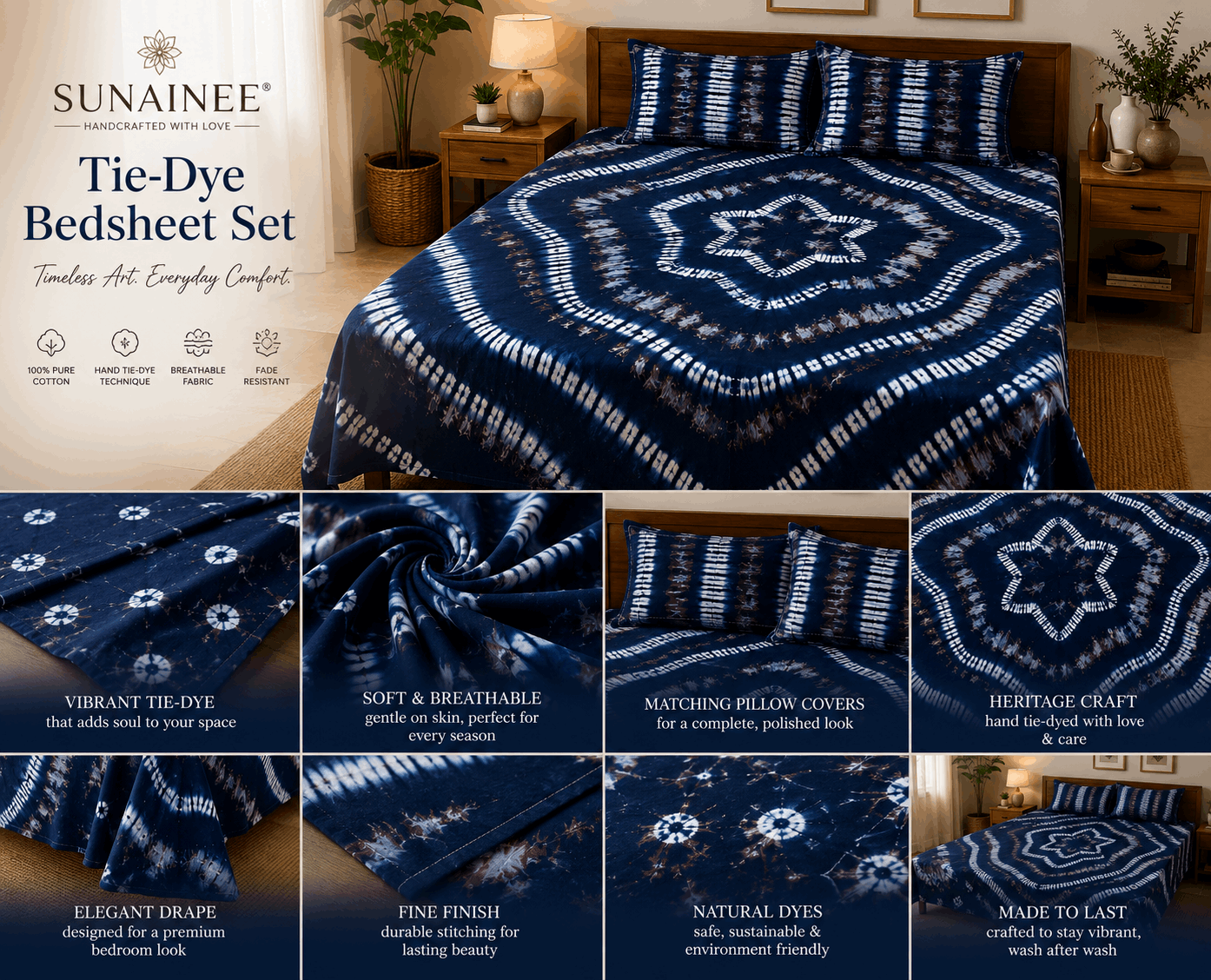 Sunainee Tie-Dye Bedsheet Set – Handcrafted Shibori Bedding | 100% Pure Cotton, 90x100inch with 2 Pillow Covers