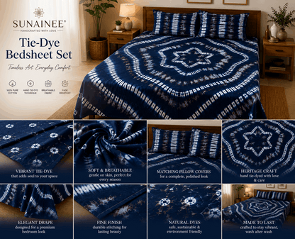 Sunainee Tie-Dye Bedsheet Set – Handcrafted Shibori Bedding | 100% Pure Cotton, 90x100inch with 2 Pillow Covers