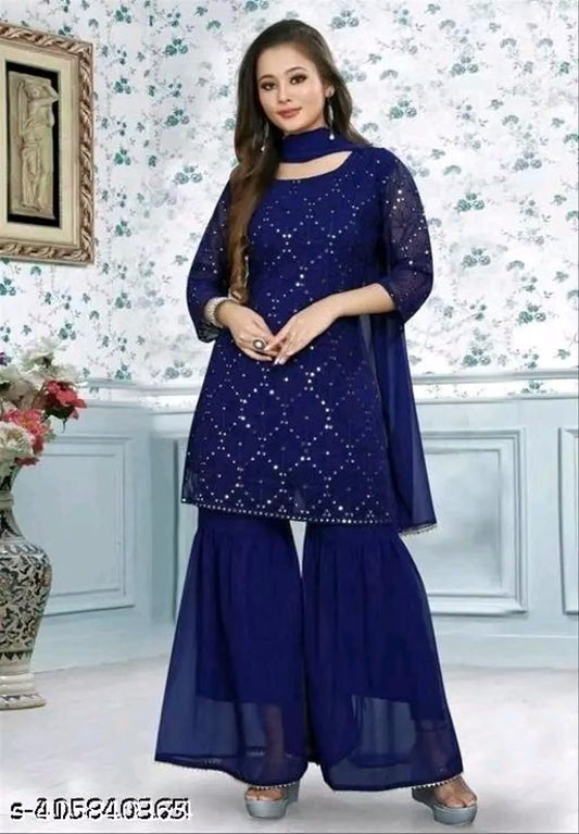 Georgette Sequin Kurta & Sharara Set with Dupatta — Festive Three-Piece
