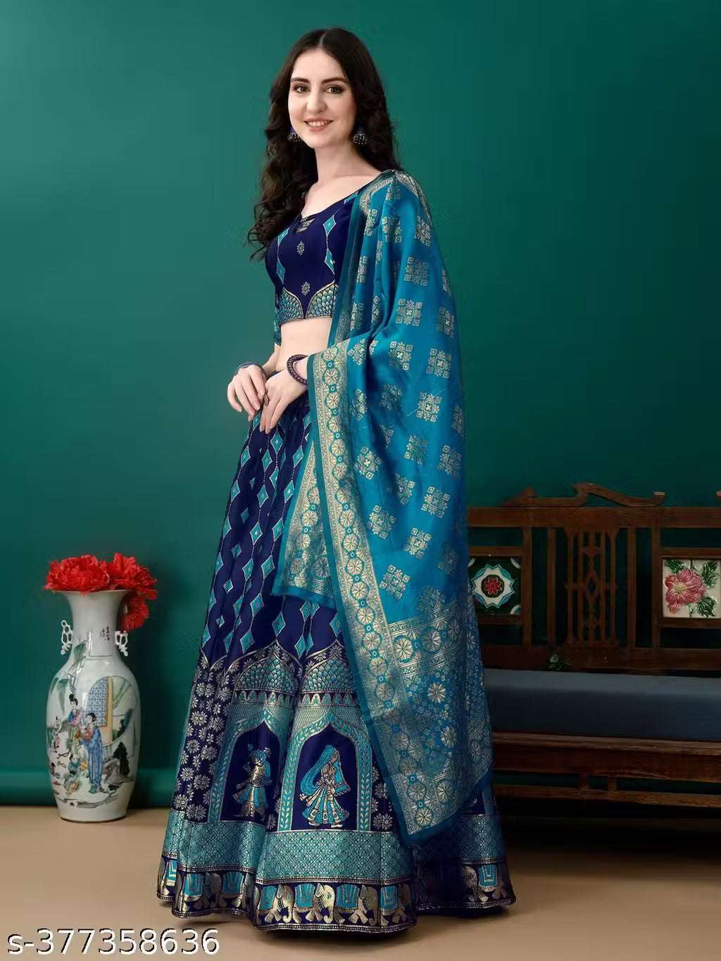 Navy Blue, Gold and Turquoise Banarasi Silk Work Lehenga Choli with Dupatta
