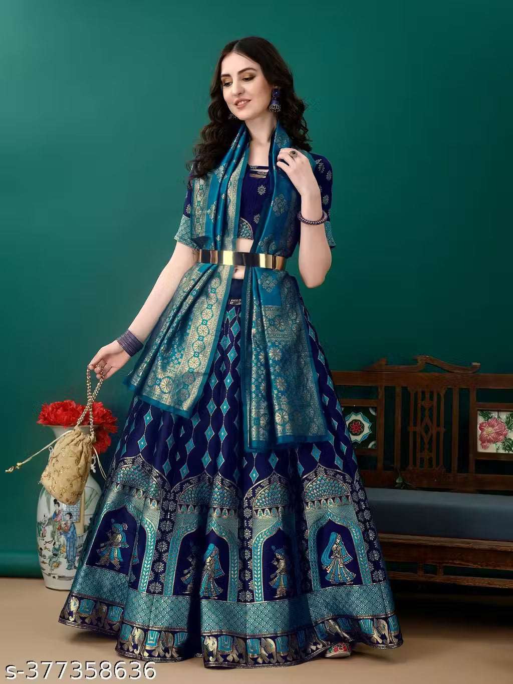 Navy Blue, Gold and Turquoise Banarasi Silk Work Lehenga Choli with Dupatta