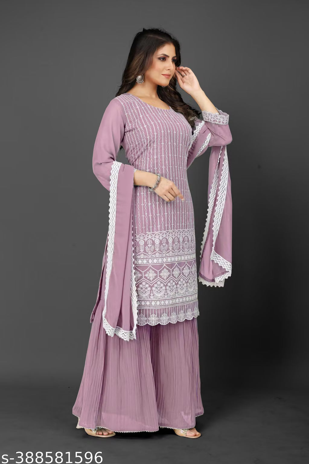 Embroidered Georgette Kurta Sharara Set with Dupatta | Bridal Wedding Guest 3-Piece