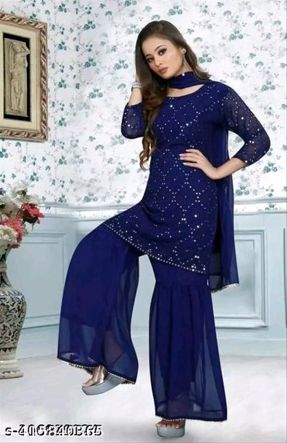 Georgette Sequin Kurta & Sharara Set with Dupatta — Festive Three-Piece