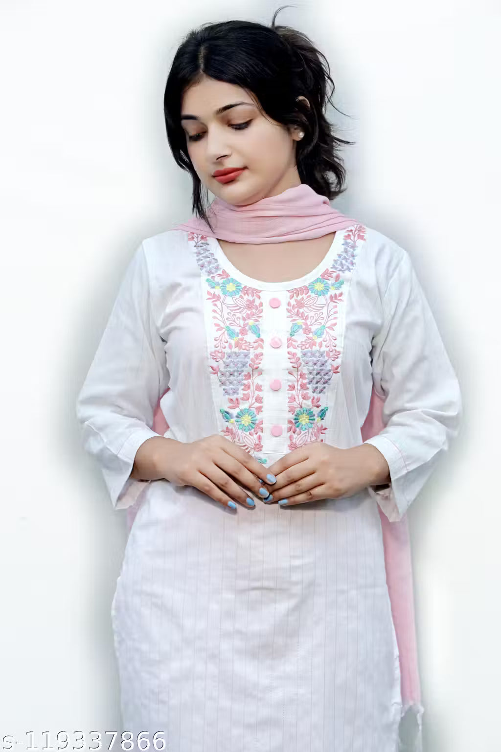 Women's Elegant Embroidered Khadi Cotton Kurta Pant Set with Dupatta