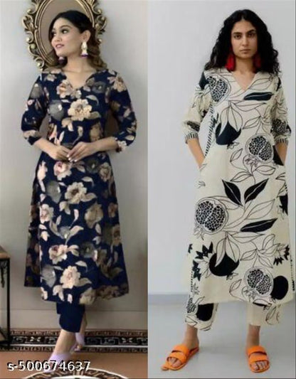 Women's Cotton Partywear Kurti with Pant Set (Pack of 2)