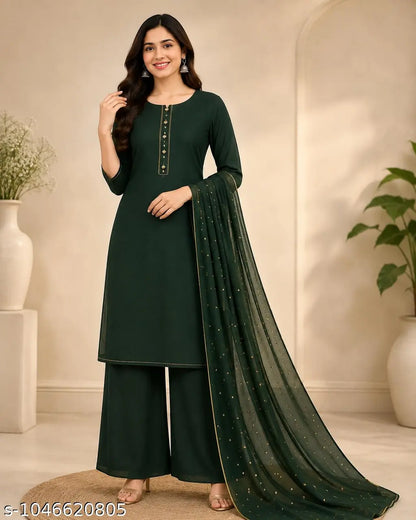 Dark Green Embellished Kurta Palazzo Dupatta Set - detail view