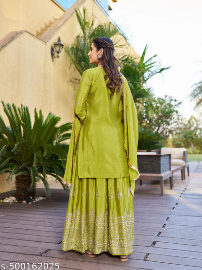 Rohita Pista Green Embroidered Silk Sharara Set with Dupatta
