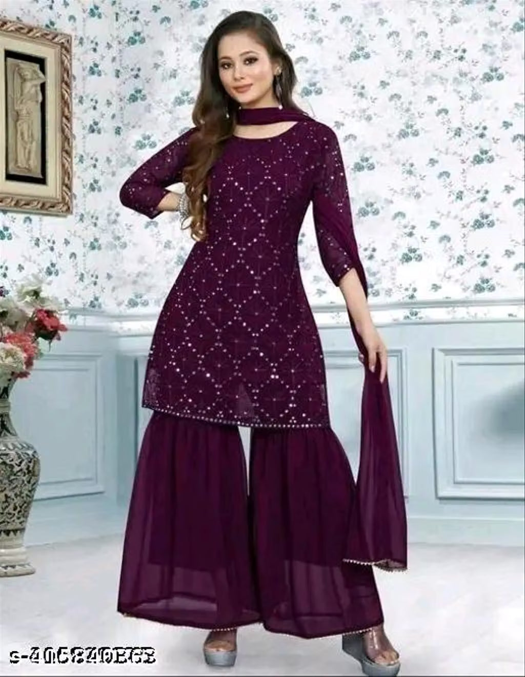 Georgette Sequin Kurta & Sharara Set with Dupatta — Festive Three-Piece